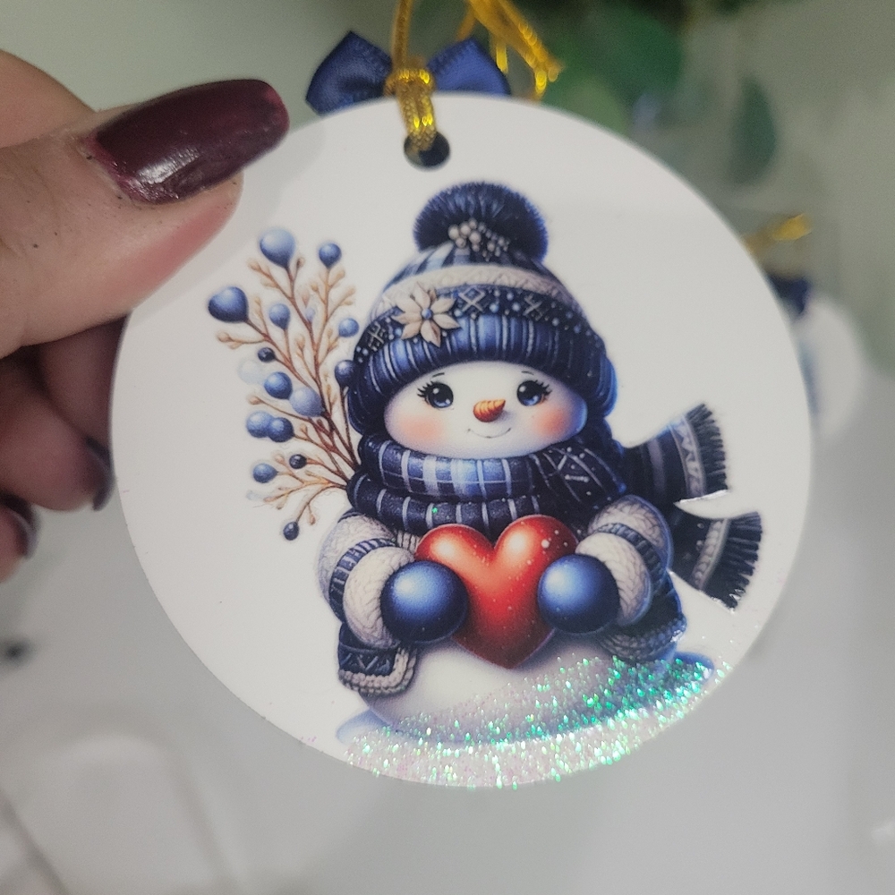 NWT 4 HANDMADE 2 SIDED BLUE SNOWMAN ORNAMENTS CHRISTMAS W Glittery Snow And Bow - Picture 2 of 6
